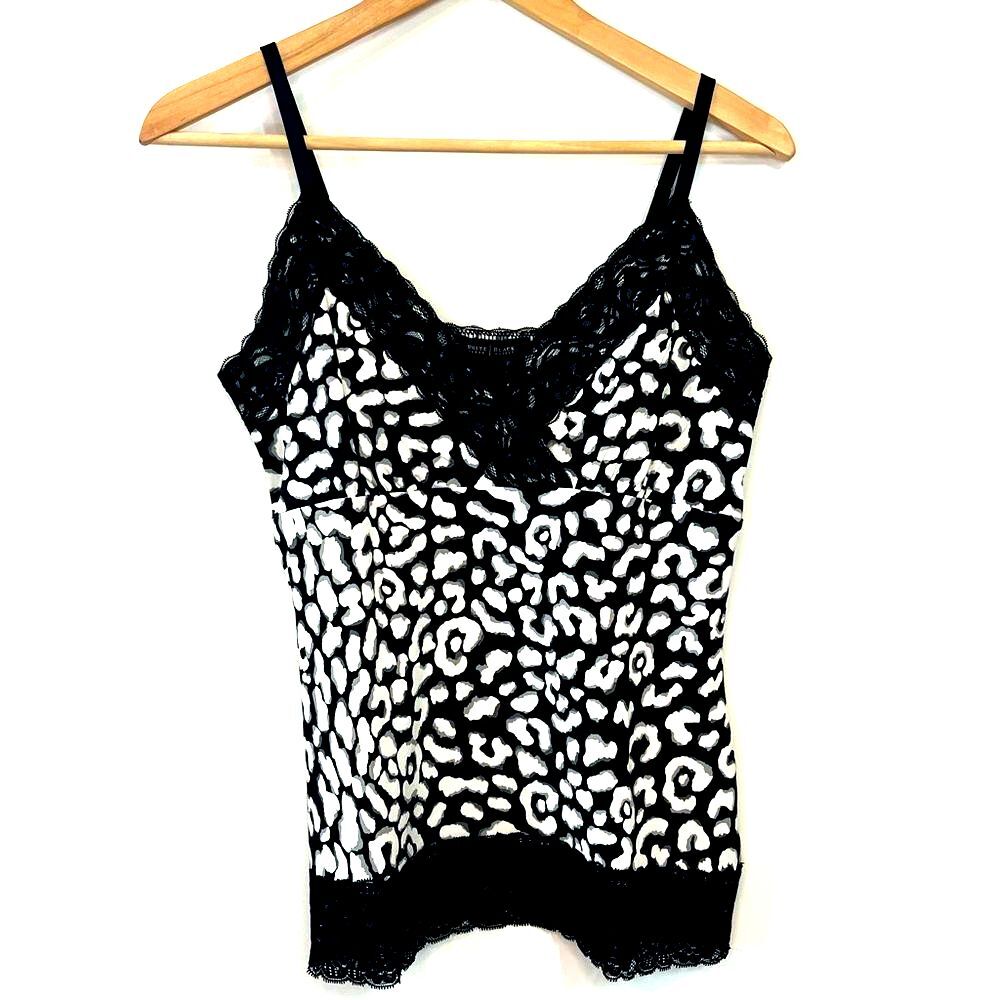 Y2K WHBM Black and White Animal Print V-Neck Lace Trim Cami Tank Top - Size M